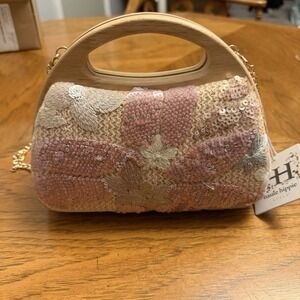 Haute Hippie Floral Sequin Wood Handle Clutch Purse w Chain Strap NWT